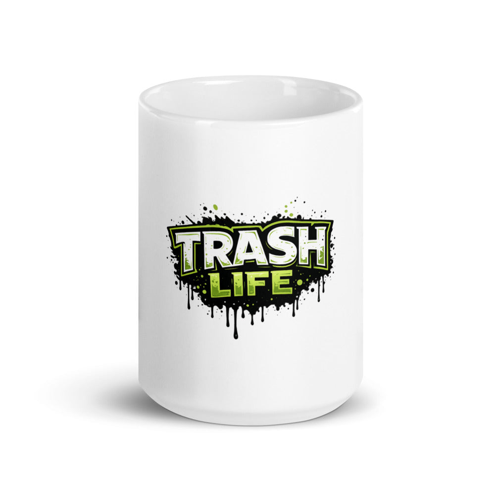 Trash Life logo white ceramic mug, 15 oz