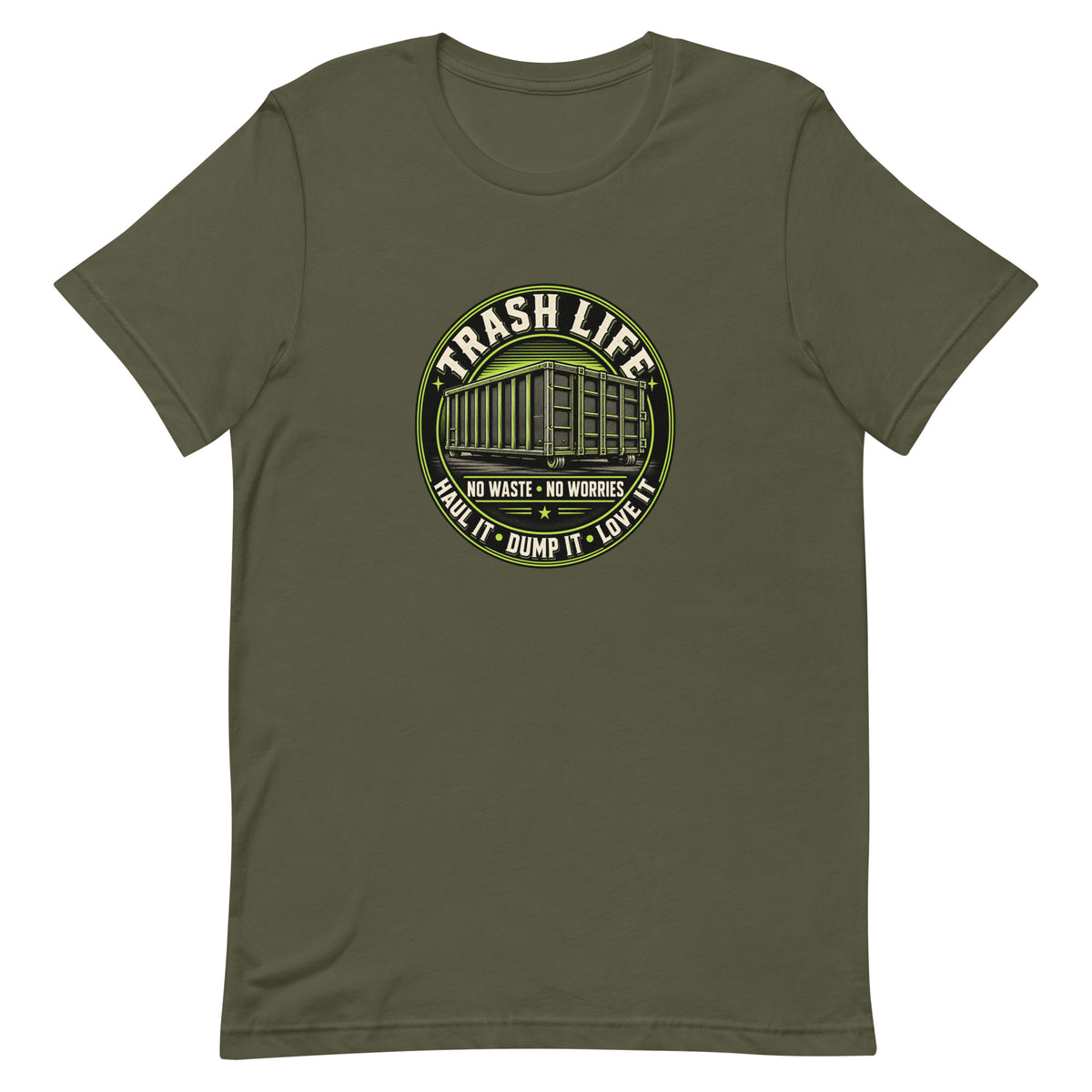 No Waste No Worries Tee in Military Green, product-only front view