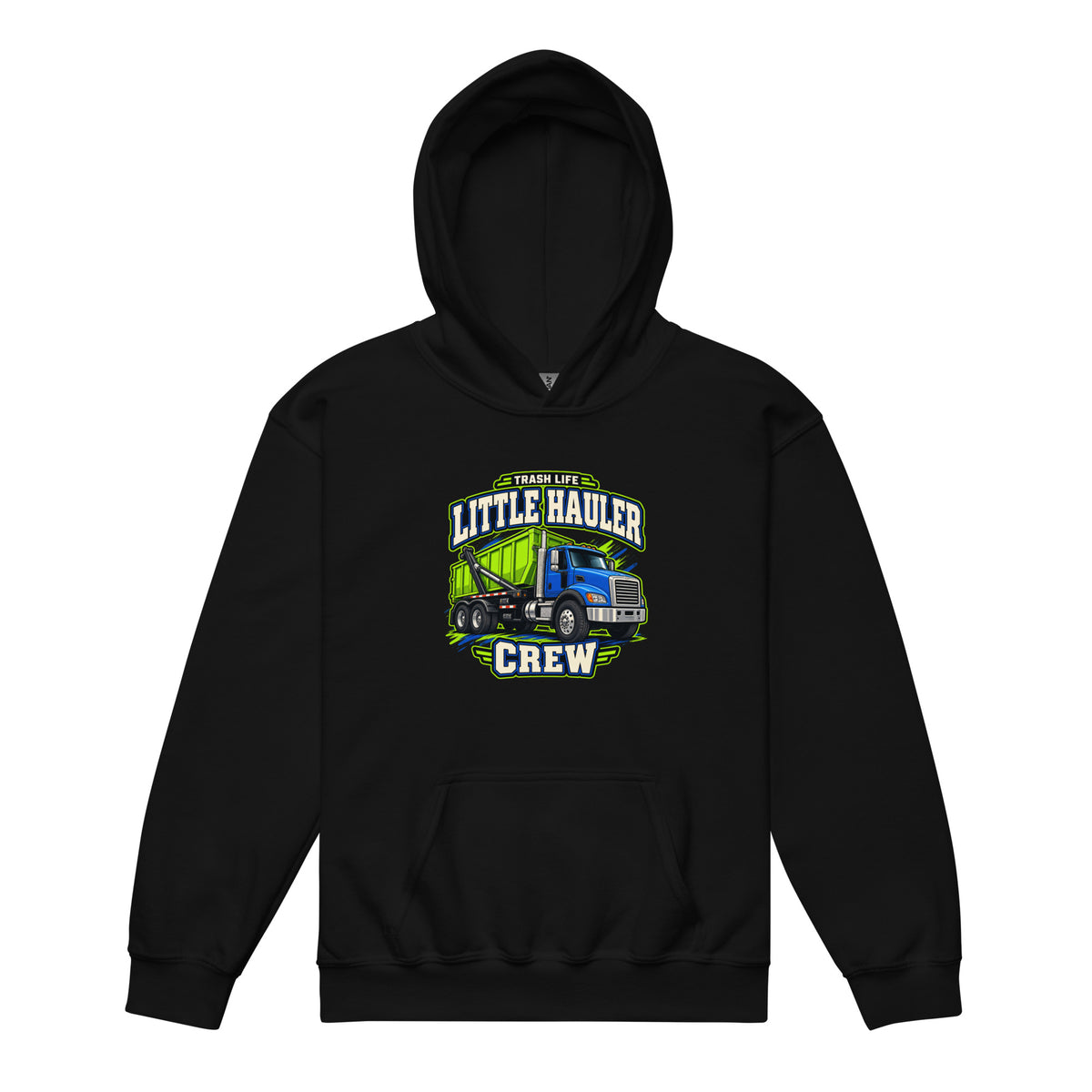 Little Hauler Crew Youth Hoodie in Black, front view
