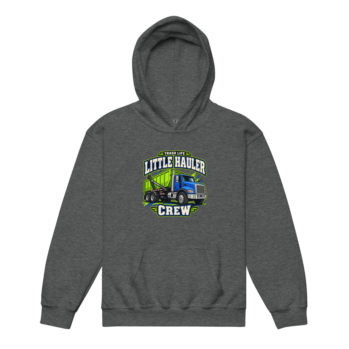 Little Hauler Crew Youth Hoodie in Dark Heather, front view