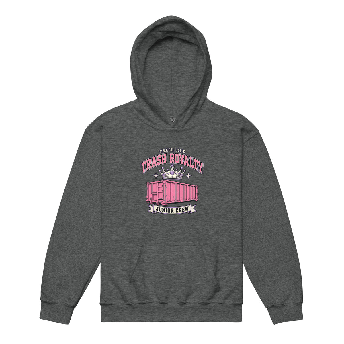 Trash Royalty Junior Youth Hoodie in Dark Heather, product-only front view