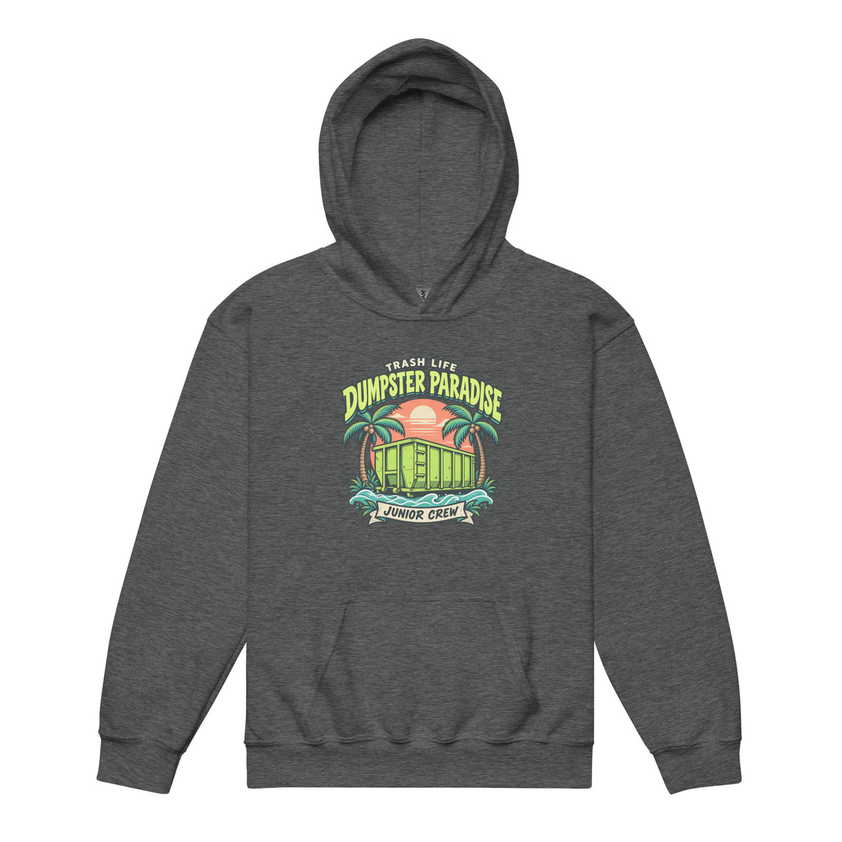 Dumpster Paradise Junior Youth Hoodie in Dark Heather, product-only front view