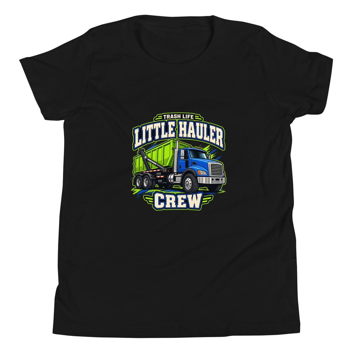 Little Hauler Crew Youth Tee in Black, front view