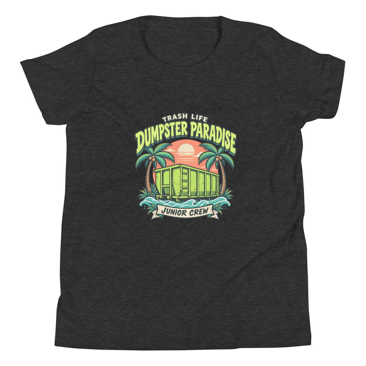 Dumpster Paradise Junior Youth Tee in Dark Grey Heather, product-only front view